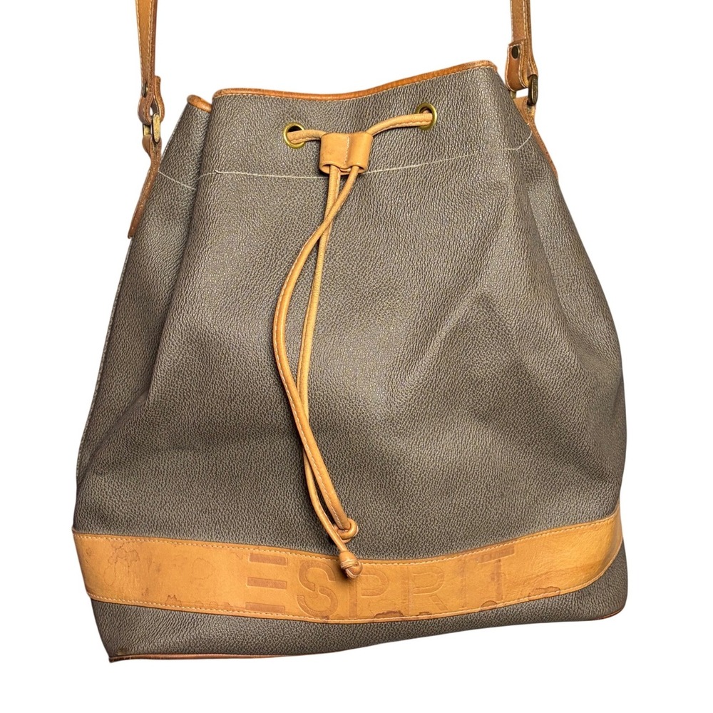 Vtg Esprit 90s Drawstring Bucket Bag Crossbody Purse Taupe Boho STAINED